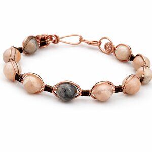 Handmade Sunstone Beaded Copper Wire Wrapped Cuff Bracelet Boho Jewelry